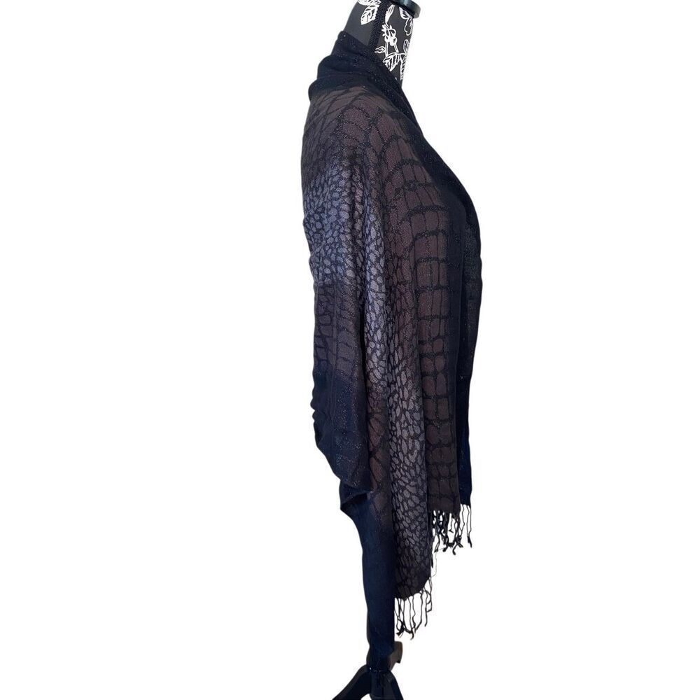 Black Gray Animal Print Lightweight Shawl Scarf Ombre Wrap Metallic Fringe - Picture 4 of 10
